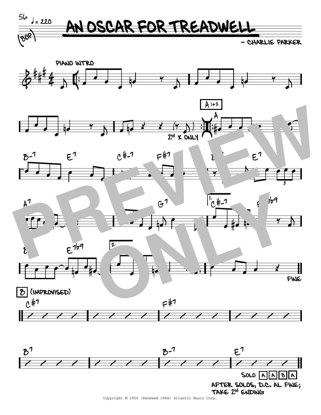 Charlie Parker An Oscar For Treadwell sheet music notes and chords arranged for Real Book – Melody & Chords