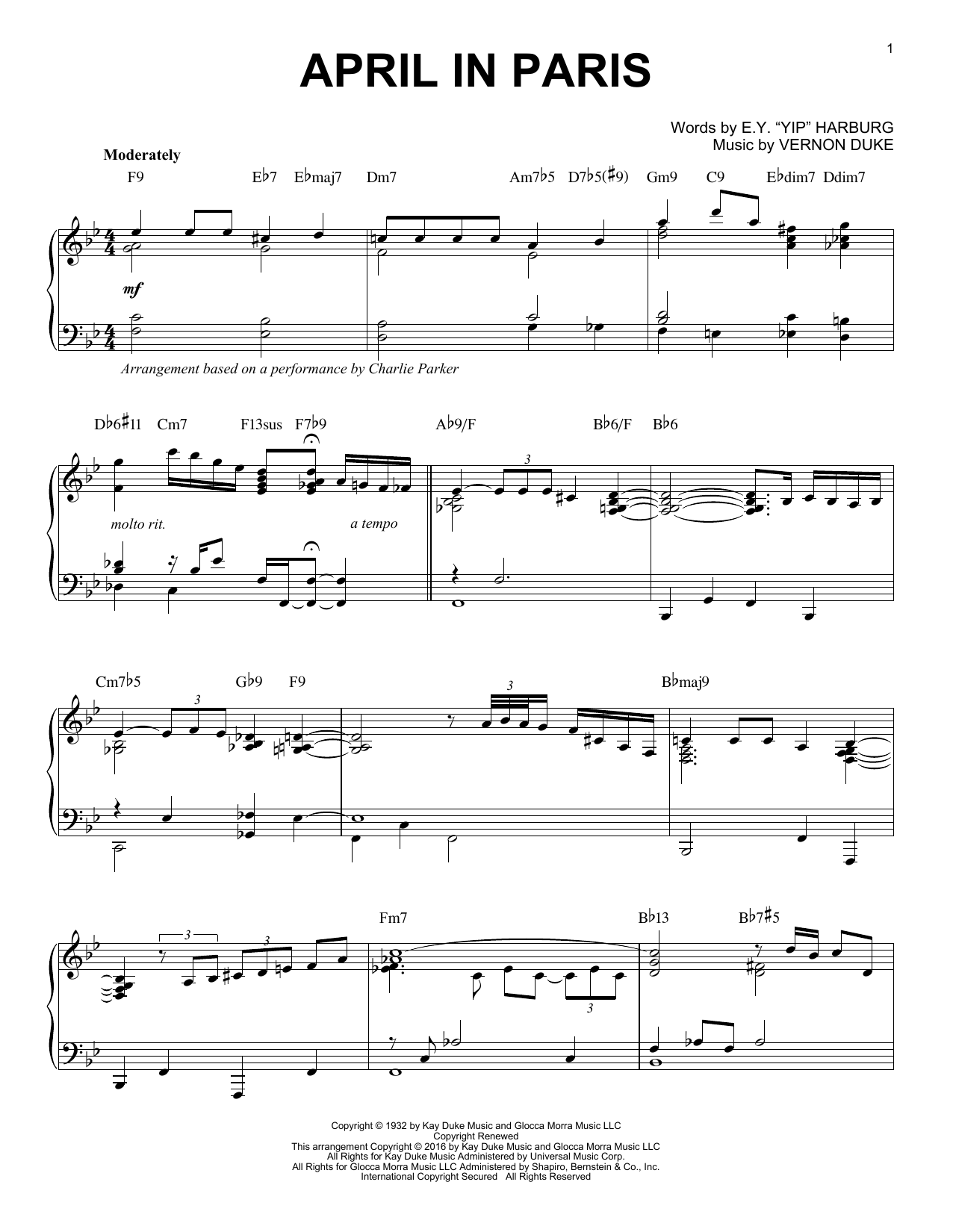 Charlie Parker April In Paris (arr. Brent Edstrom) sheet music notes and chords arranged for Piano Solo