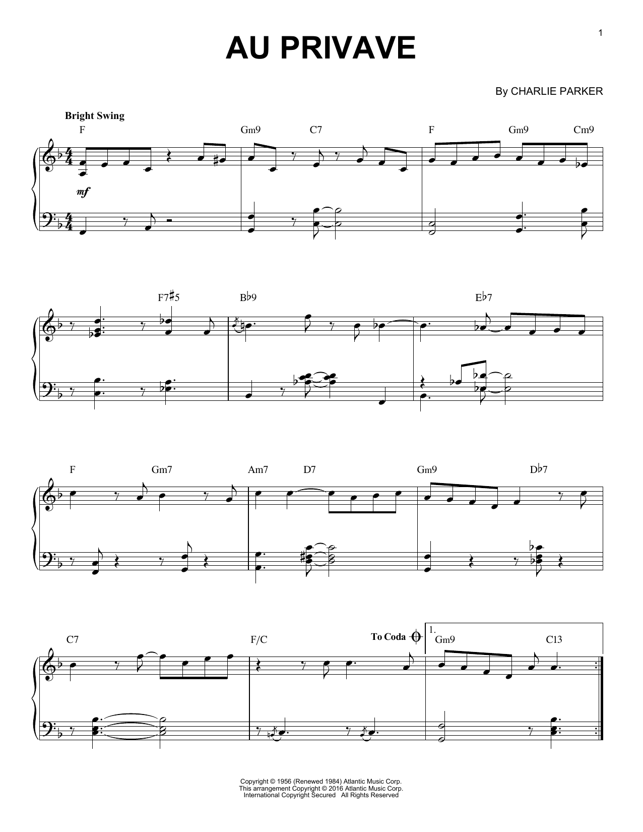 Charlie Parker Au Privave (arr. Brent Edstrom) sheet music notes and chords arranged for Piano Solo