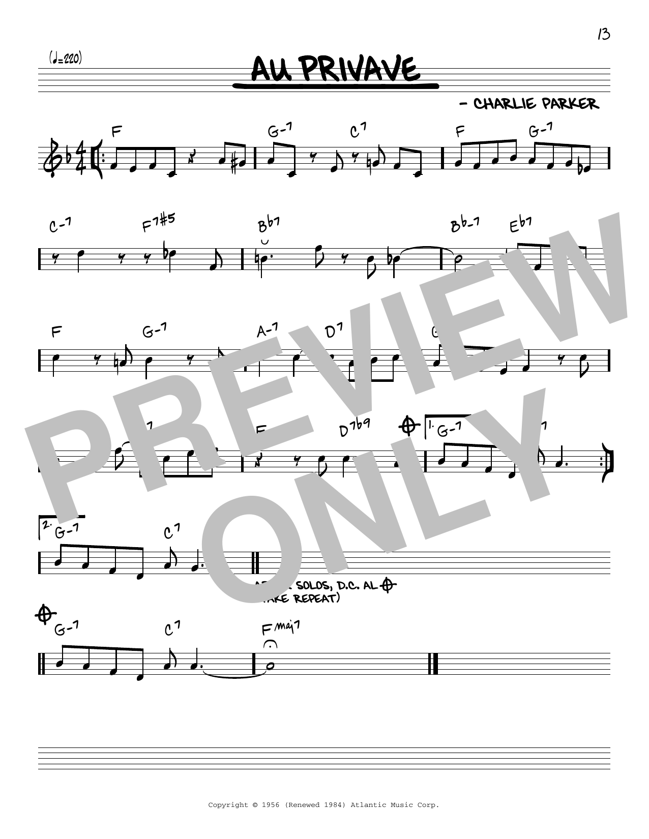 Charlie Parker Au Privave sheet music notes and chords arranged for Piano Solo