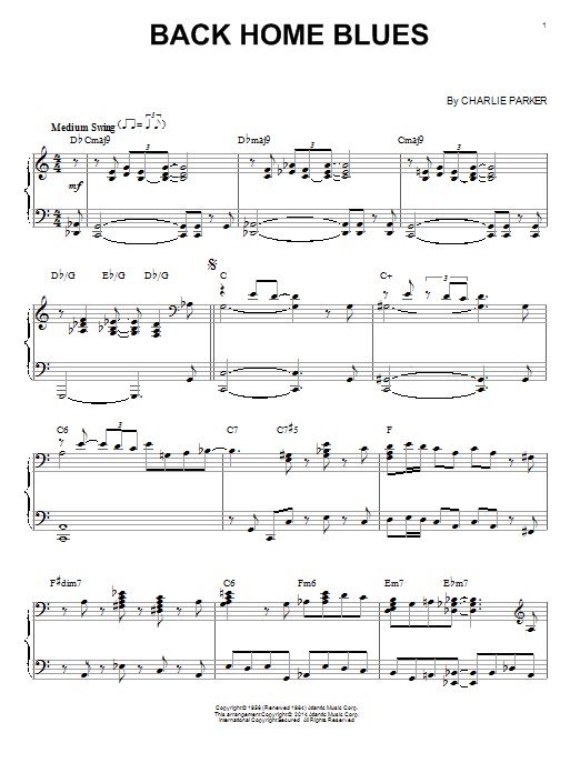 Charlie Parker Back Home Blues sheet music notes and chords arranged for Piano Transcription
