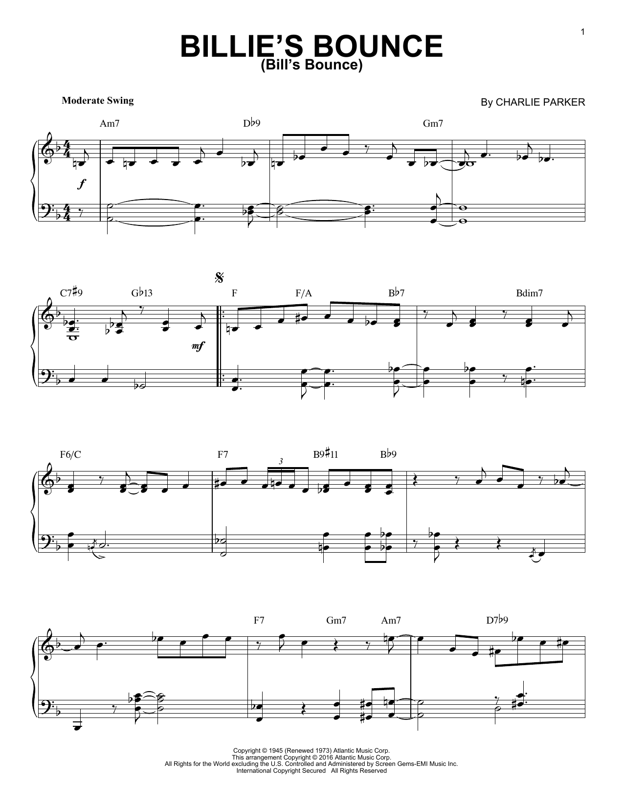 Charlie Parker Billie's Bounce (Bill's Bounce) (arr. Brent Edstrom) sheet music notes and chords arranged for Piano Solo