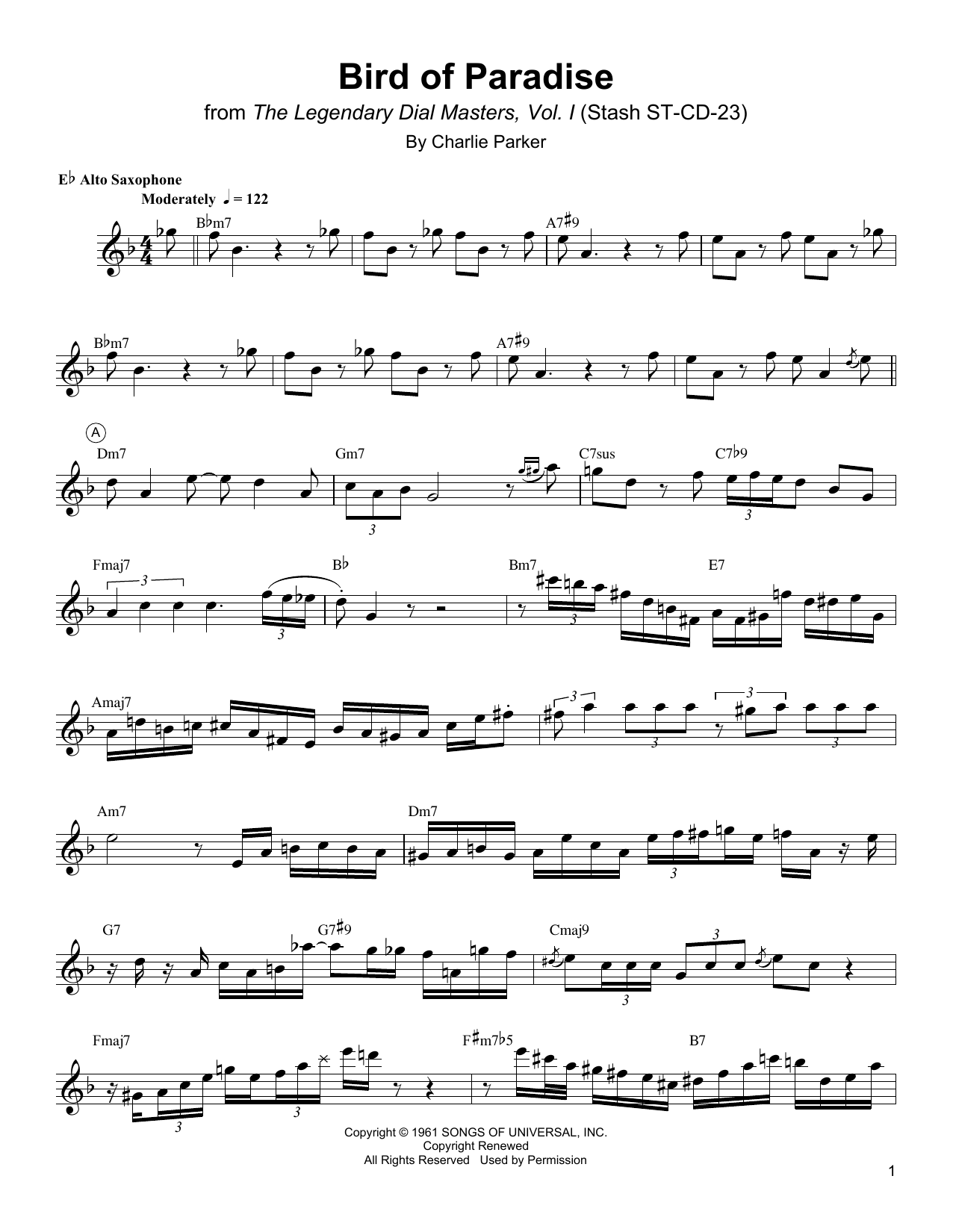 Charlie Parker Bird Of Paradise sheet music notes and chords arranged for Alto Sax Transcription
