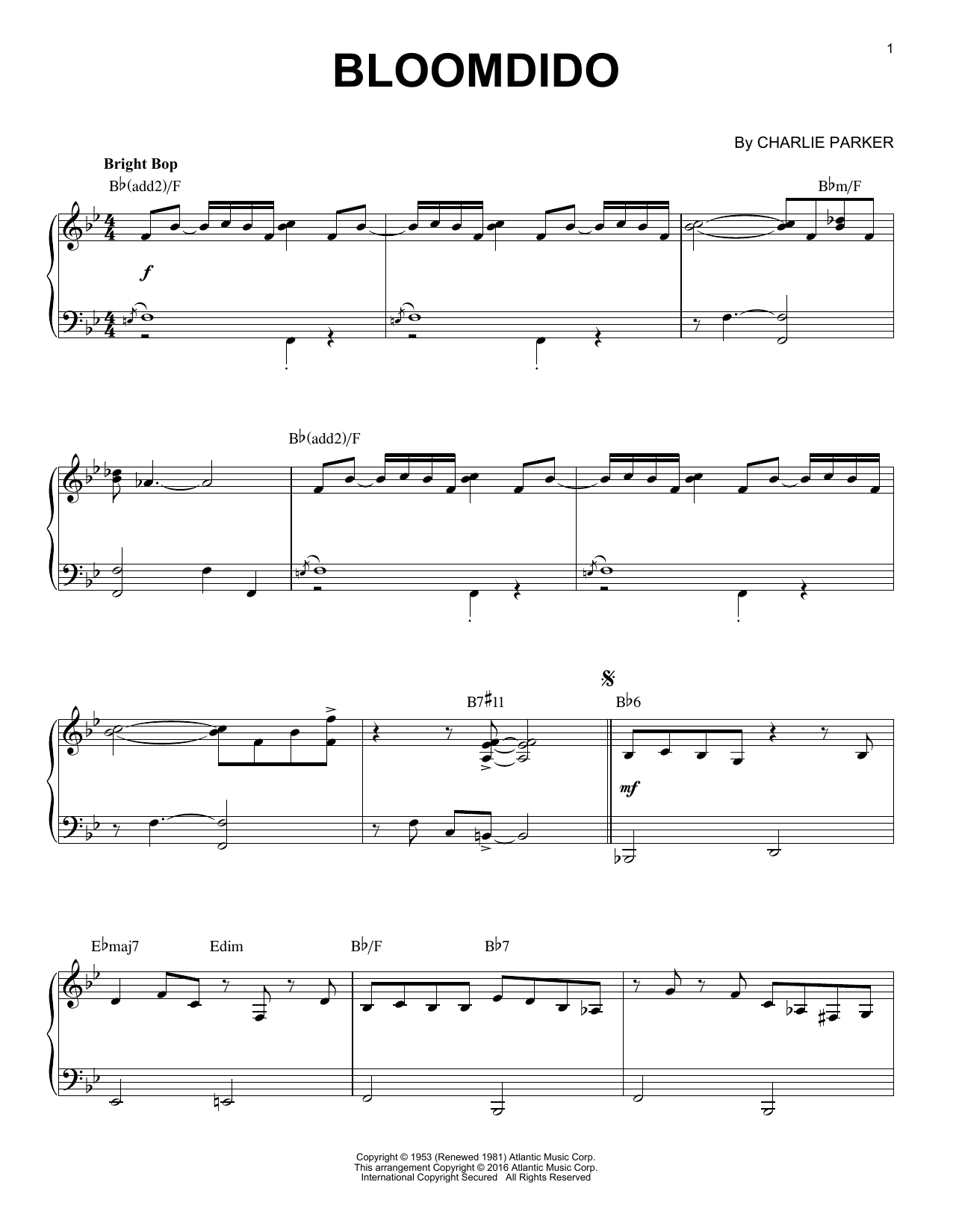 Charlie Parker Bloomdido (arr. Brent Edstrom) sheet music notes and chords arranged for Piano Solo