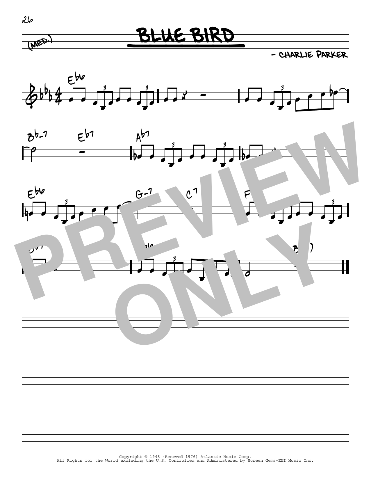 Charlie Parker Blue Bird sheet music notes and chords arranged for Real Book – Melody & Chords