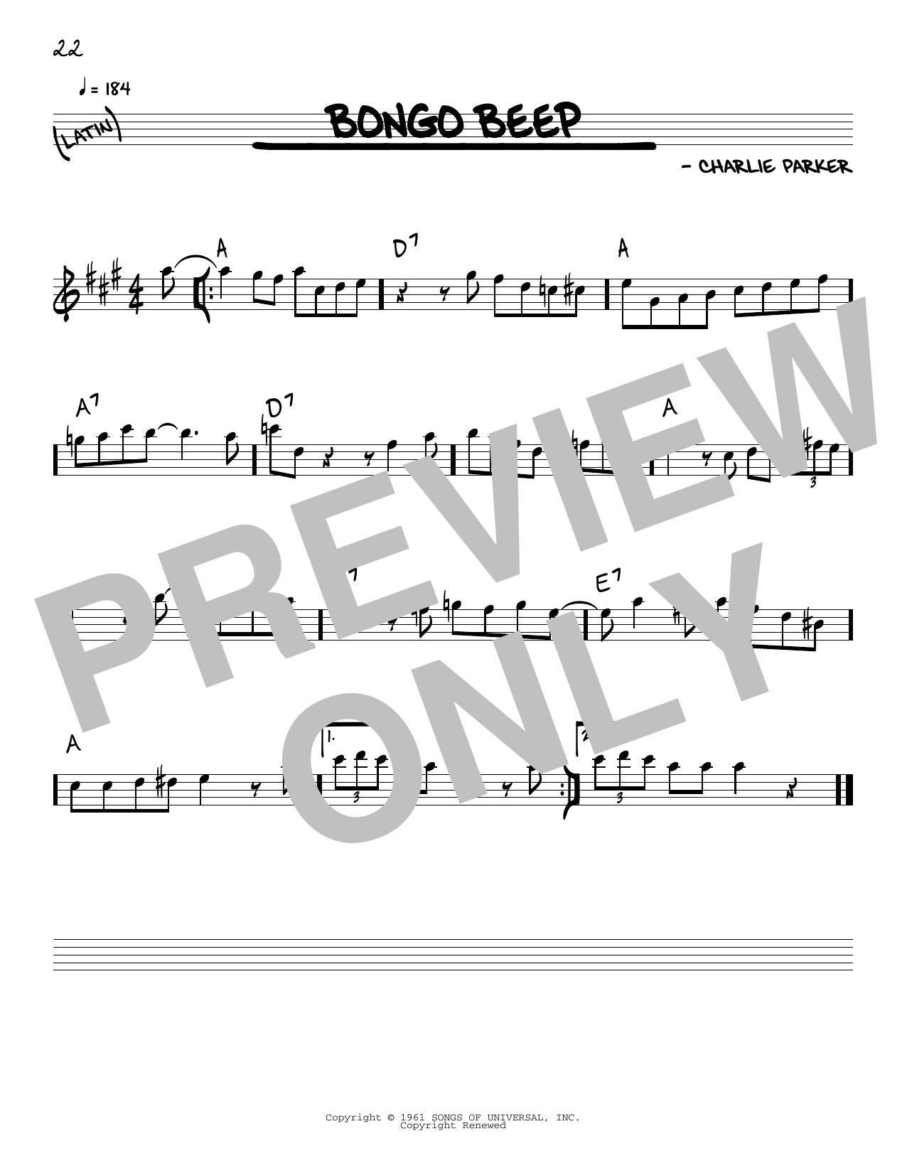 Charlie Parker Bongo Beep sheet music notes and chords arranged for Real Book – Melody & Chords