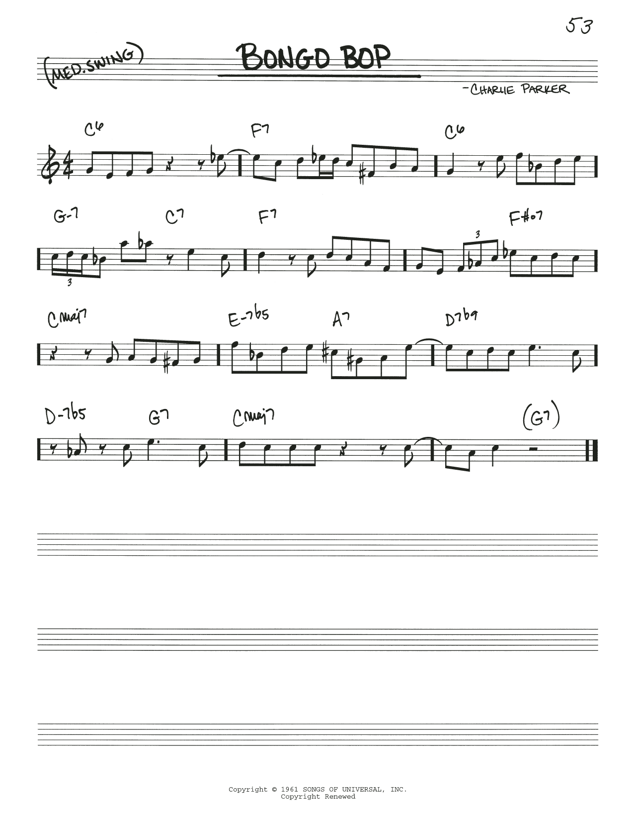 Charlie Parker Bongo Bop sheet music notes and chords arranged for Real Book – Melody & Chords