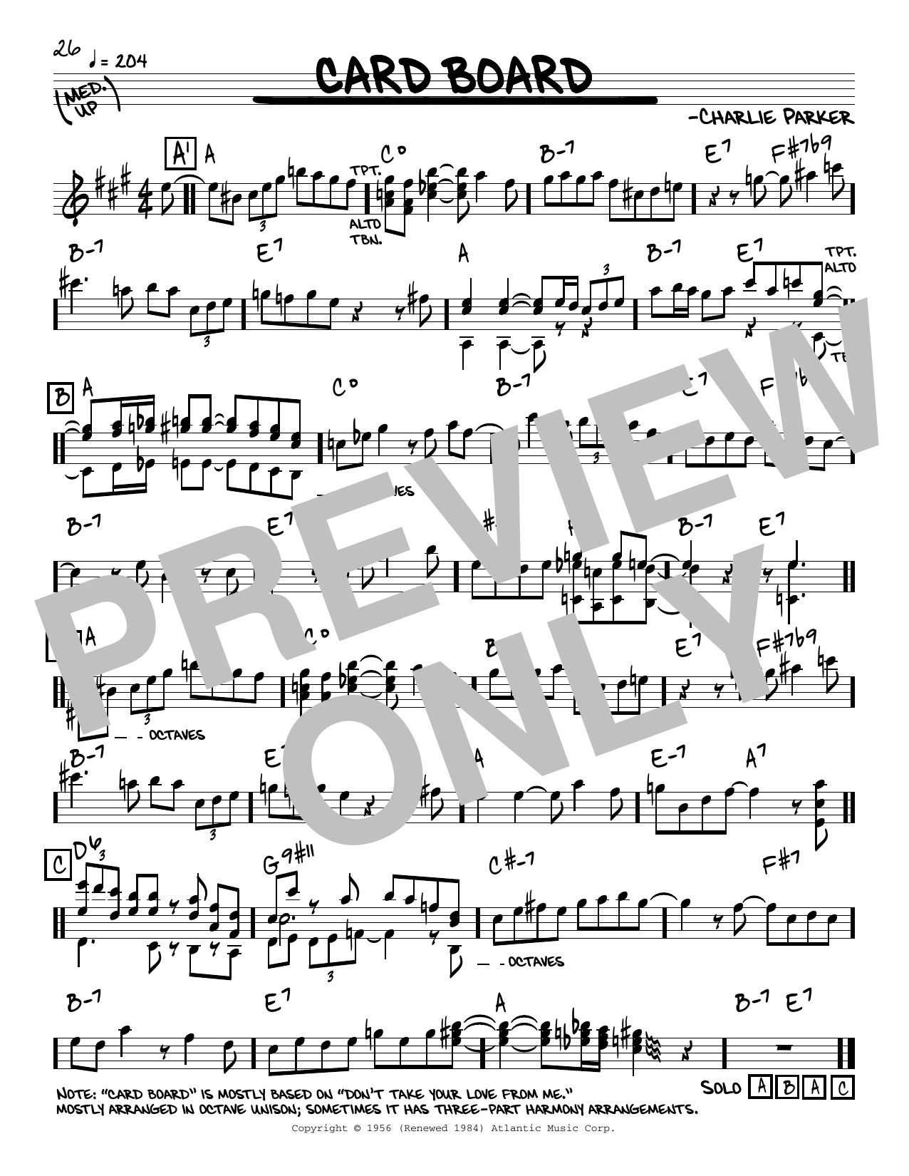Charlie Parker Card Board sheet music notes and chords arranged for Real Book – Melody & Chords