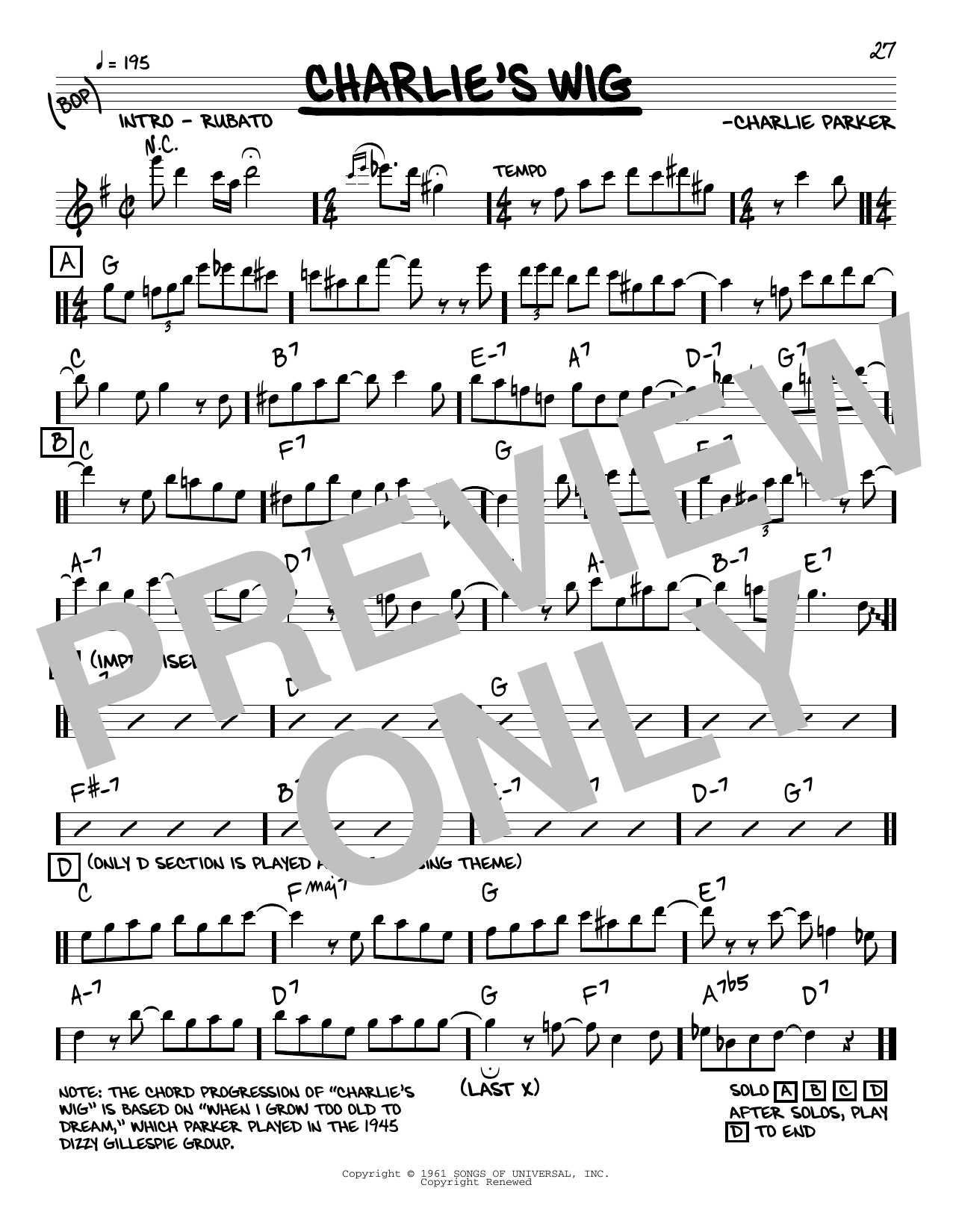Charlie Parker Charlie's Wig sheet music notes and chords arranged for Real Book – Melody & Chords