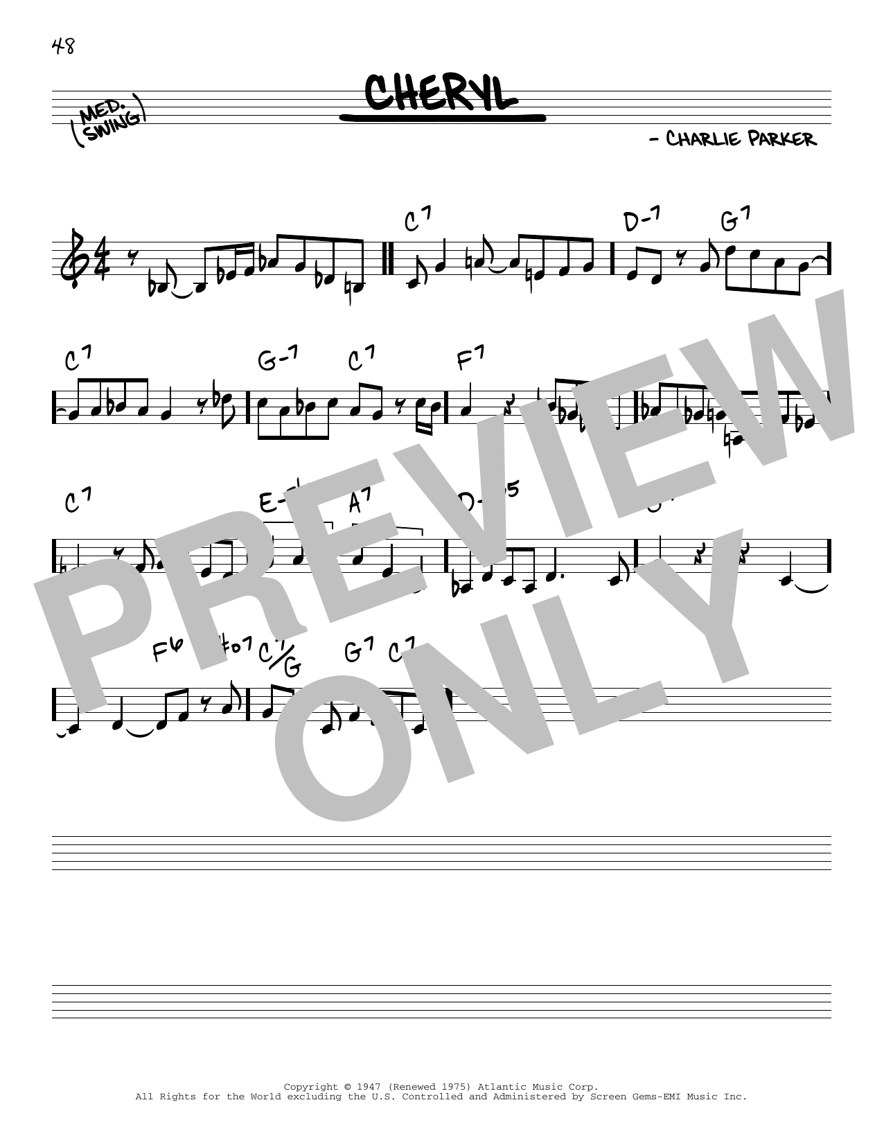 Charlie Parker Cheryl sheet music notes and chords arranged for Piano Transcription