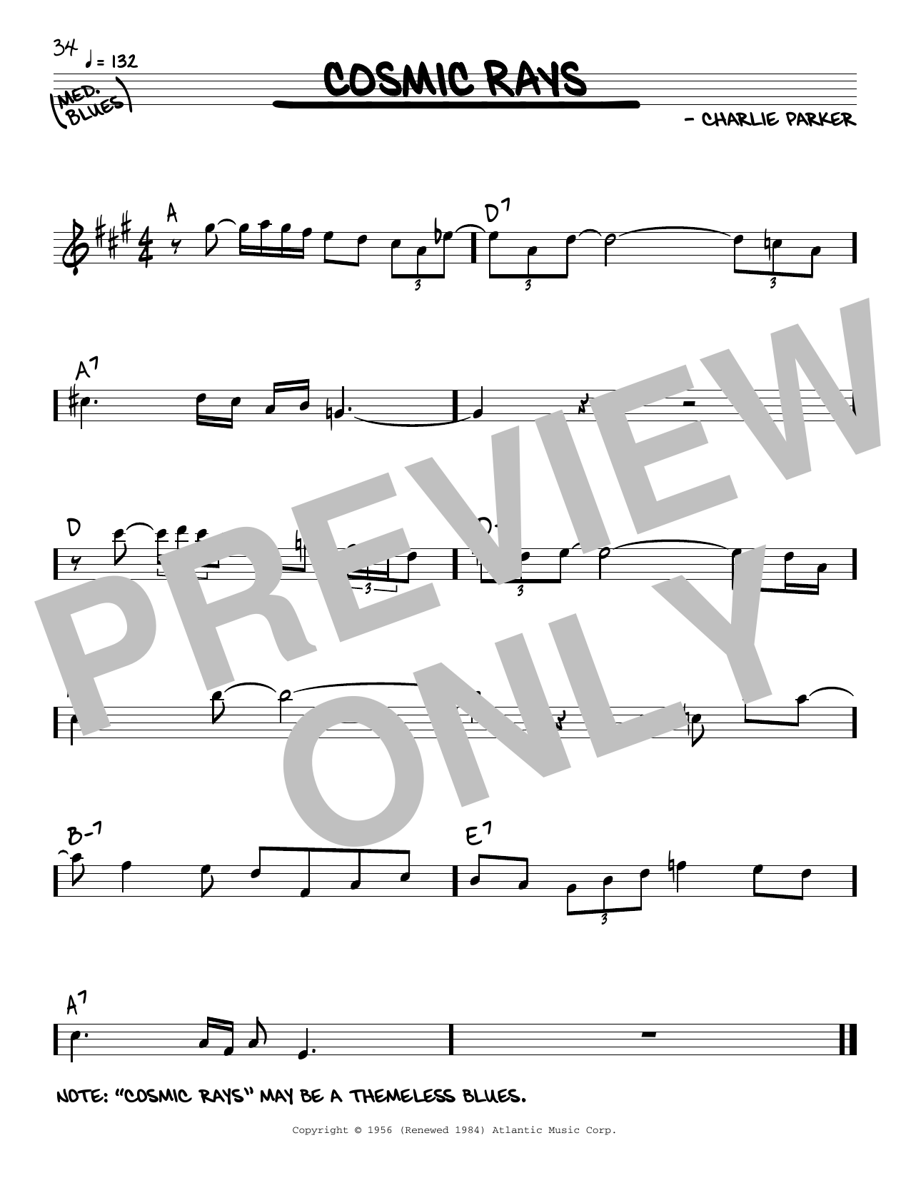Charlie Parker Cosmic Rays sheet music notes and chords arranged for Real Book – Melody & Chords