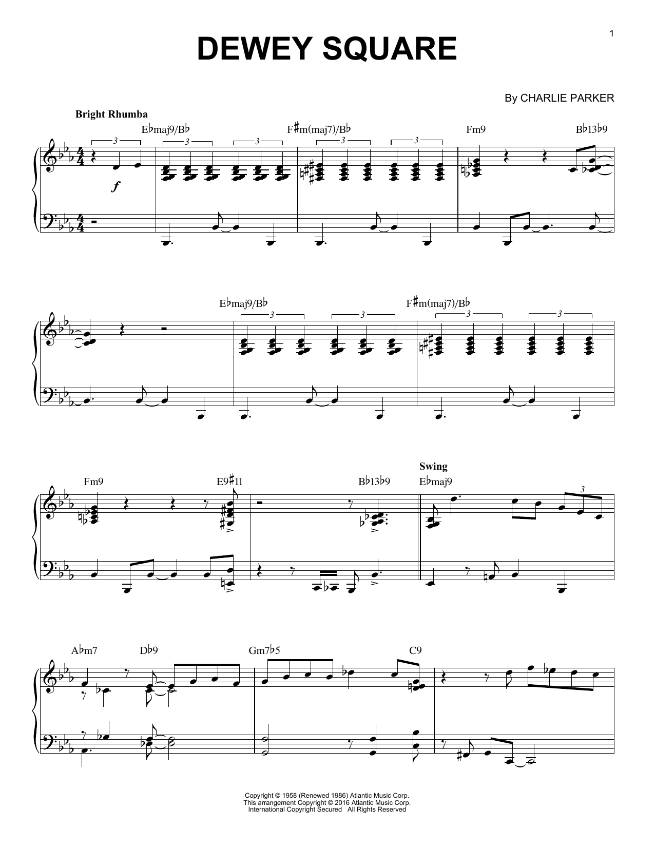 Charlie Parker Dewey Square (arr. Brent Edstrom) sheet music notes and chords arranged for Piano Solo
