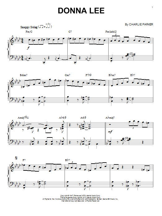 Charlie Parker Donna Lee (arr. Brent Edstrom) sheet music notes and chords arranged for Piano Solo