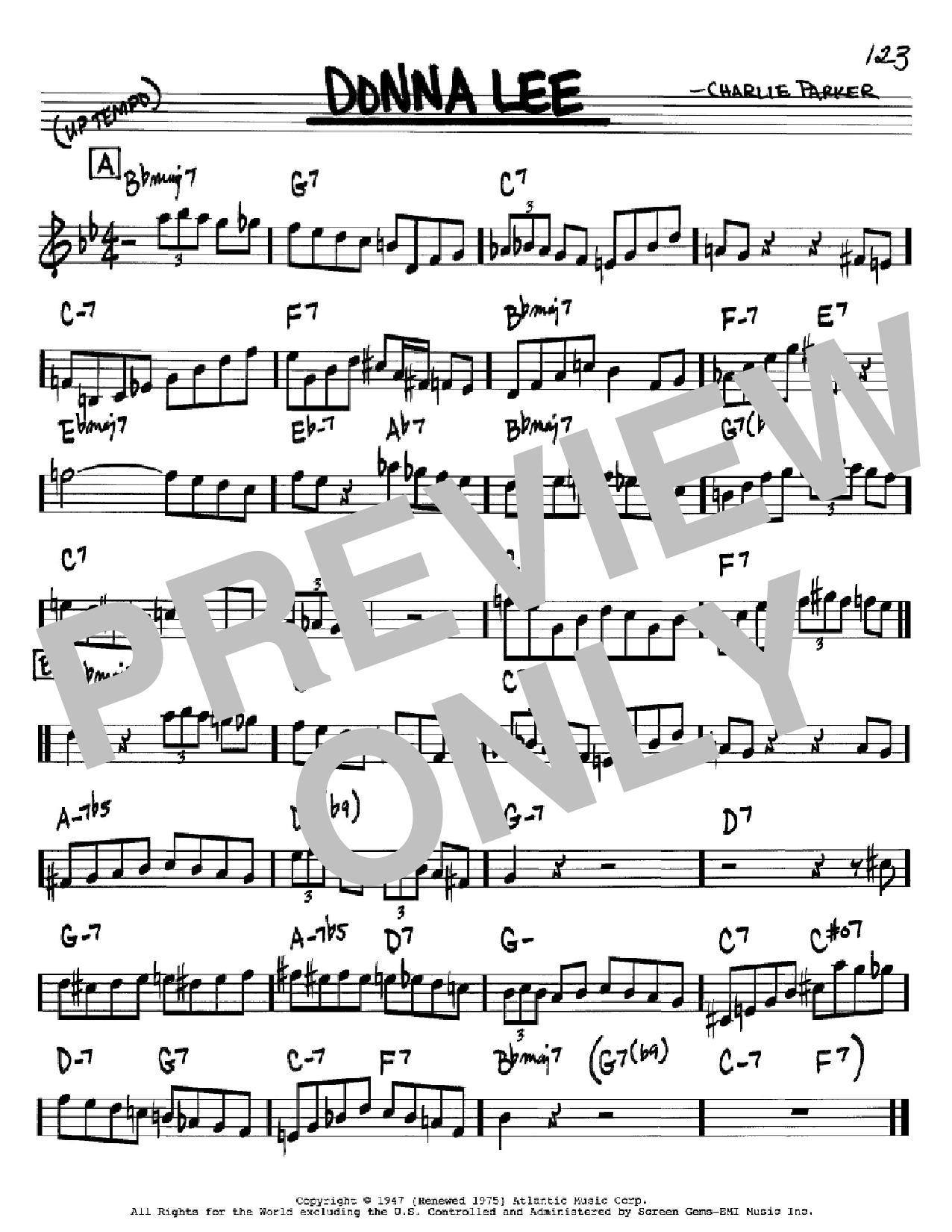 Charlie Parker Donna Lee sheet music notes and chords arranged for Real Book – Melody & Chords – Bb Instruments