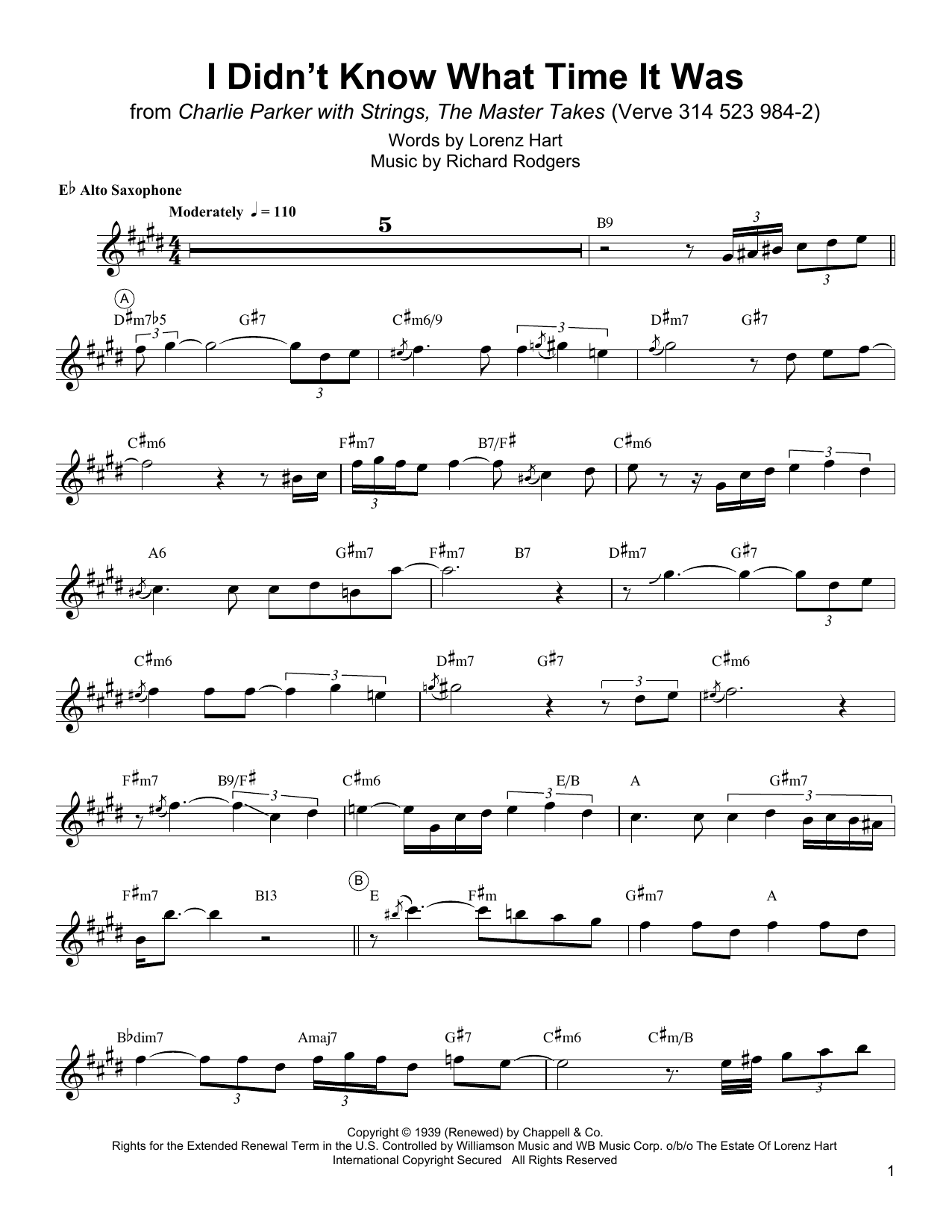 Charlie Parker I Didn't Know What Time It Was sheet music notes and chords arranged for Alto Sax Transcription