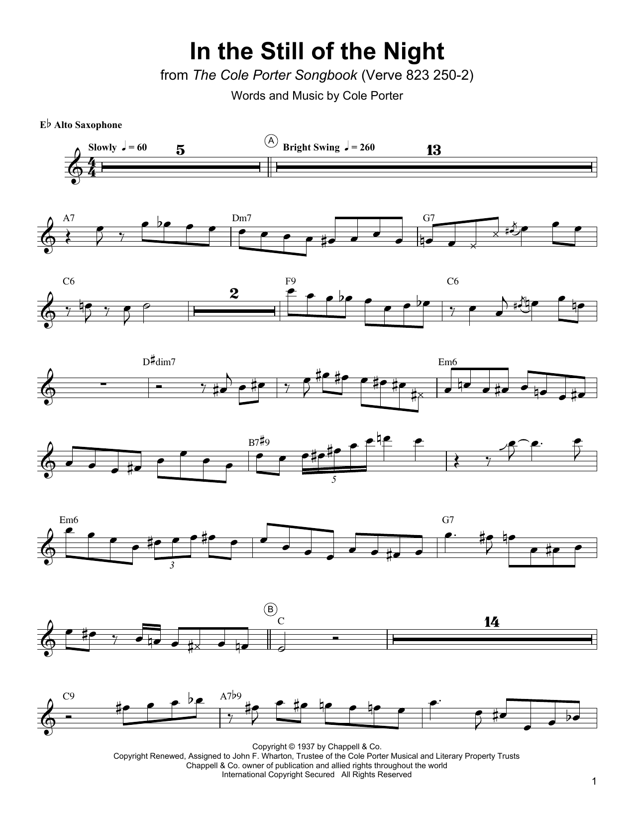 Charlie Parker In The Still Of The Night sheet music notes and chords arranged for Alto Sax Transcription