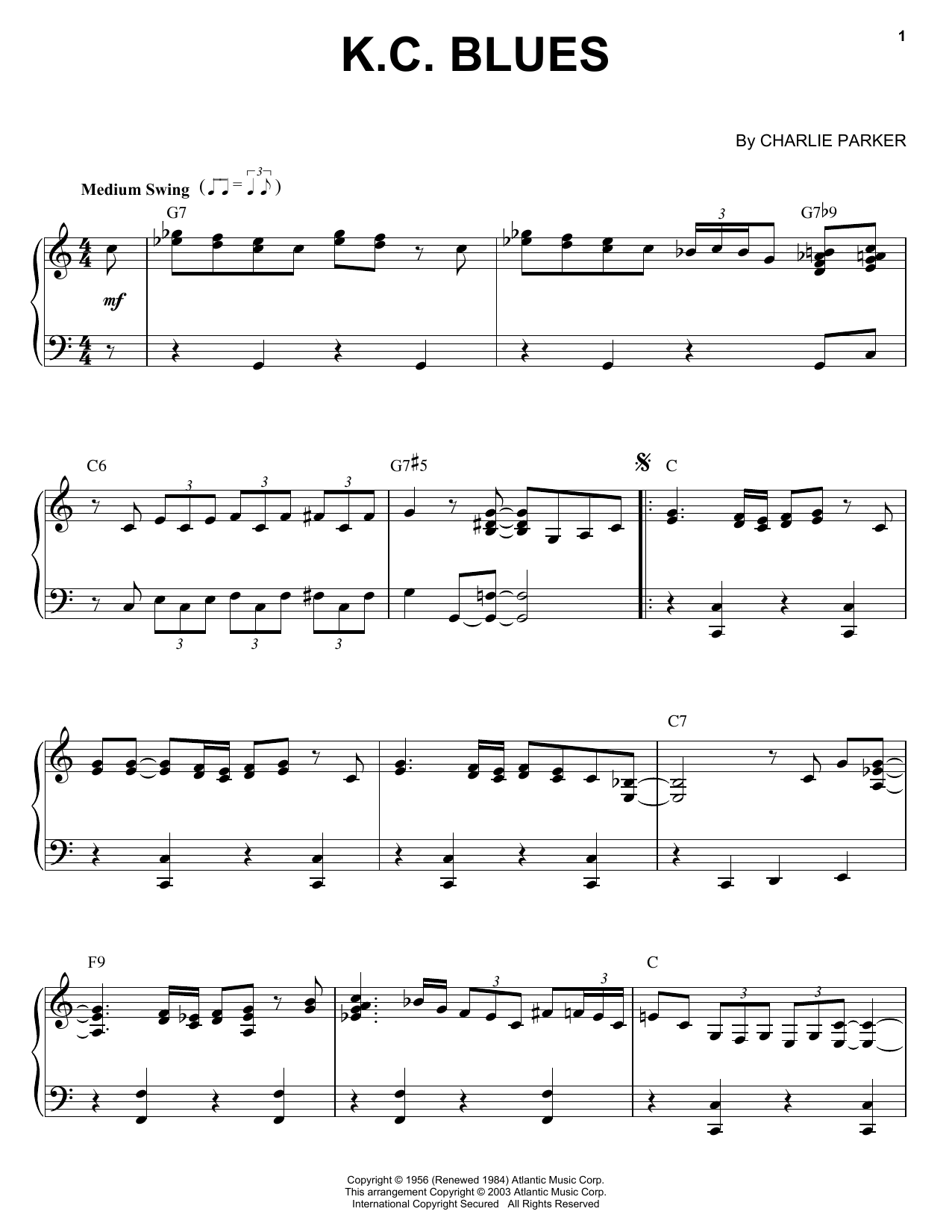Charlie Parker K.C. Blues sheet music notes and chords arranged for Transcribed Score
