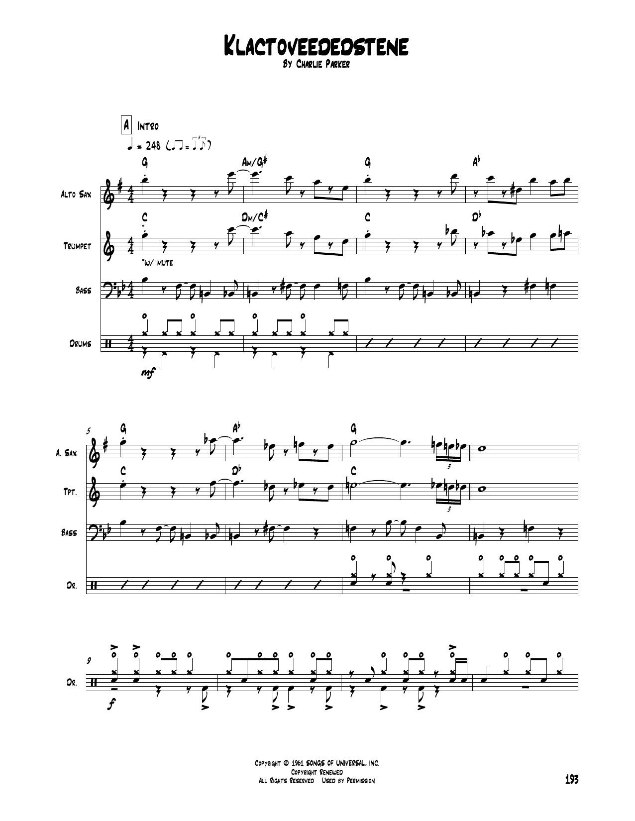 Charlie Parker Klactoveededstene sheet music notes and chords arranged for Transcribed Score