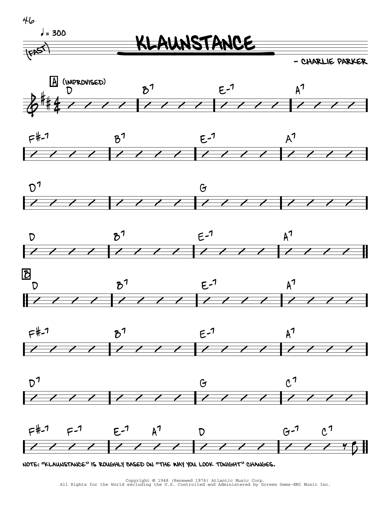Charlie Parker Klaunstance sheet music notes and chords arranged for Real Book – Melody & Chords
