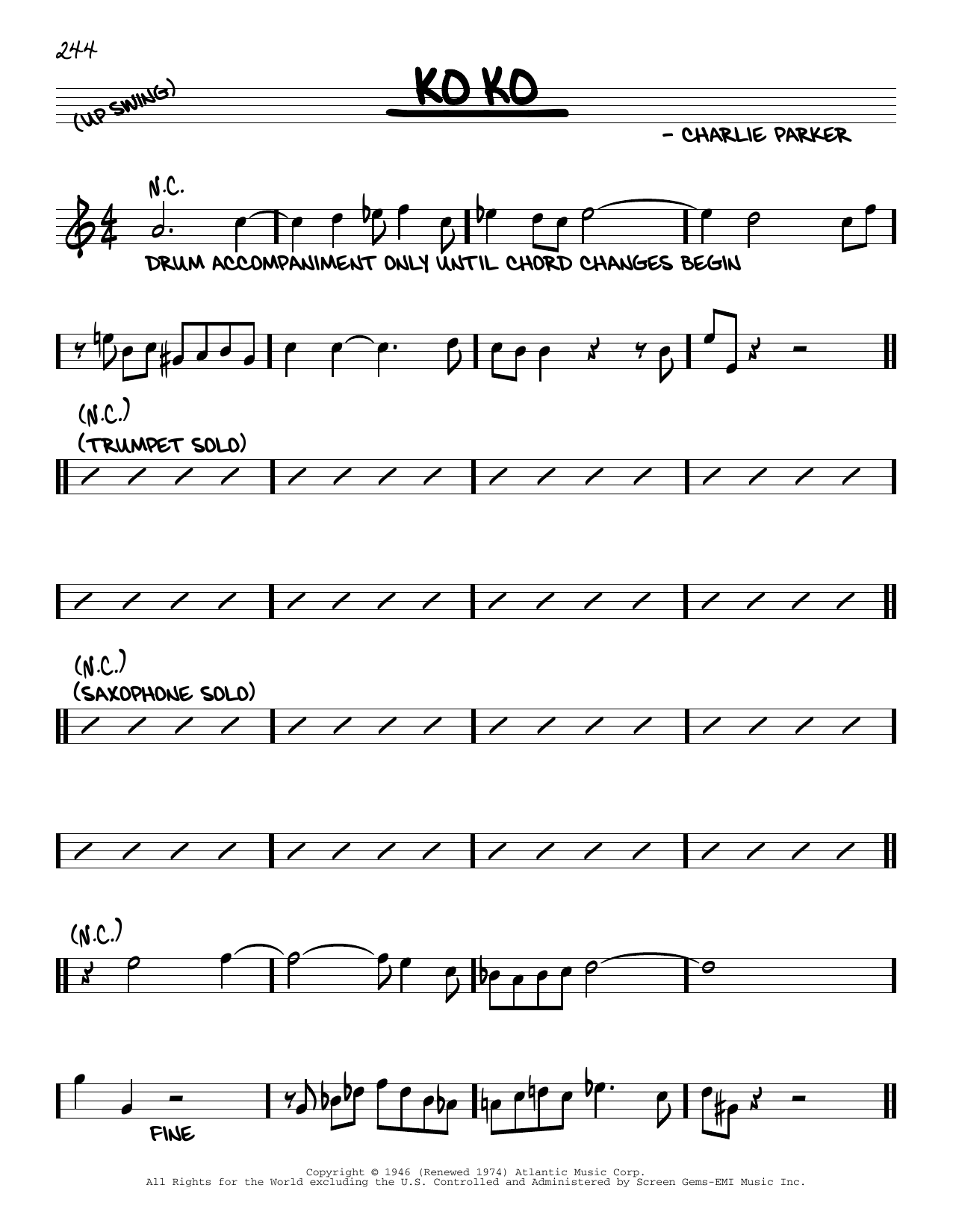 Charlie Parker Ko Ko sheet music notes and chords arranged for Transcribed Score