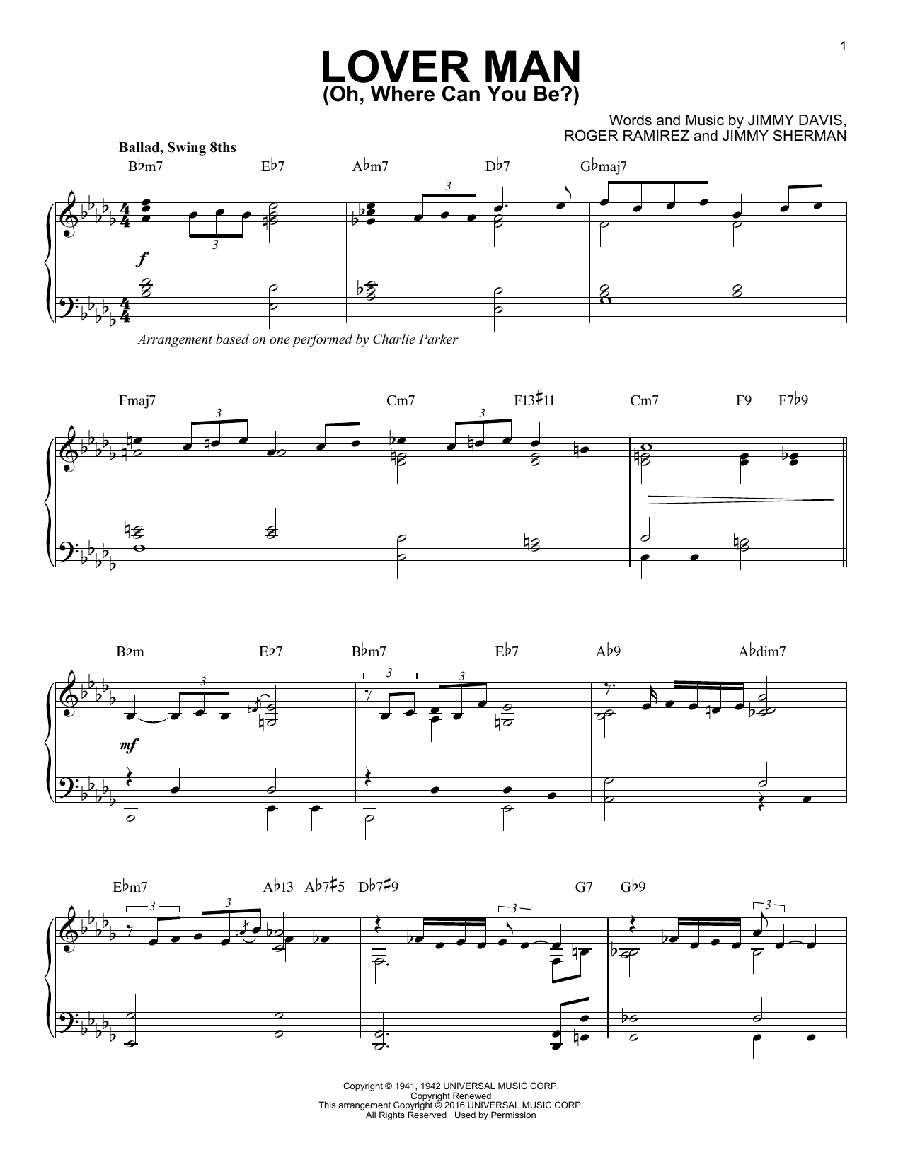 Charlie Parker Lover Man (Oh, Where Can You Be?) (arr. Brent Edstrom) sheet music notes and chords arranged for Piano Solo
