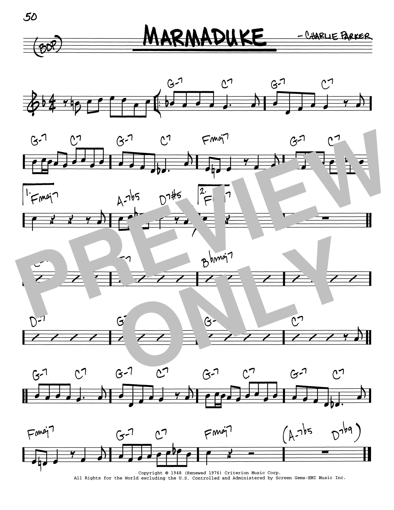 Charlie Parker Marmaduke sheet music notes and chords arranged for Real Book – Melody & Chords – C Instruments