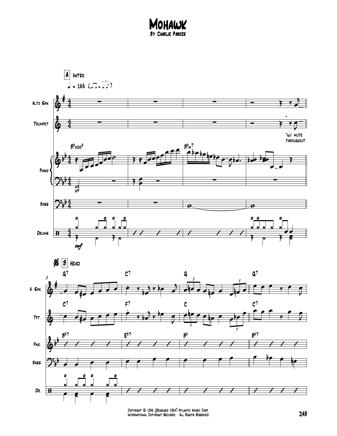 Charlie Parker Mohawk sheet music notes and chords arranged for Transcribed Score