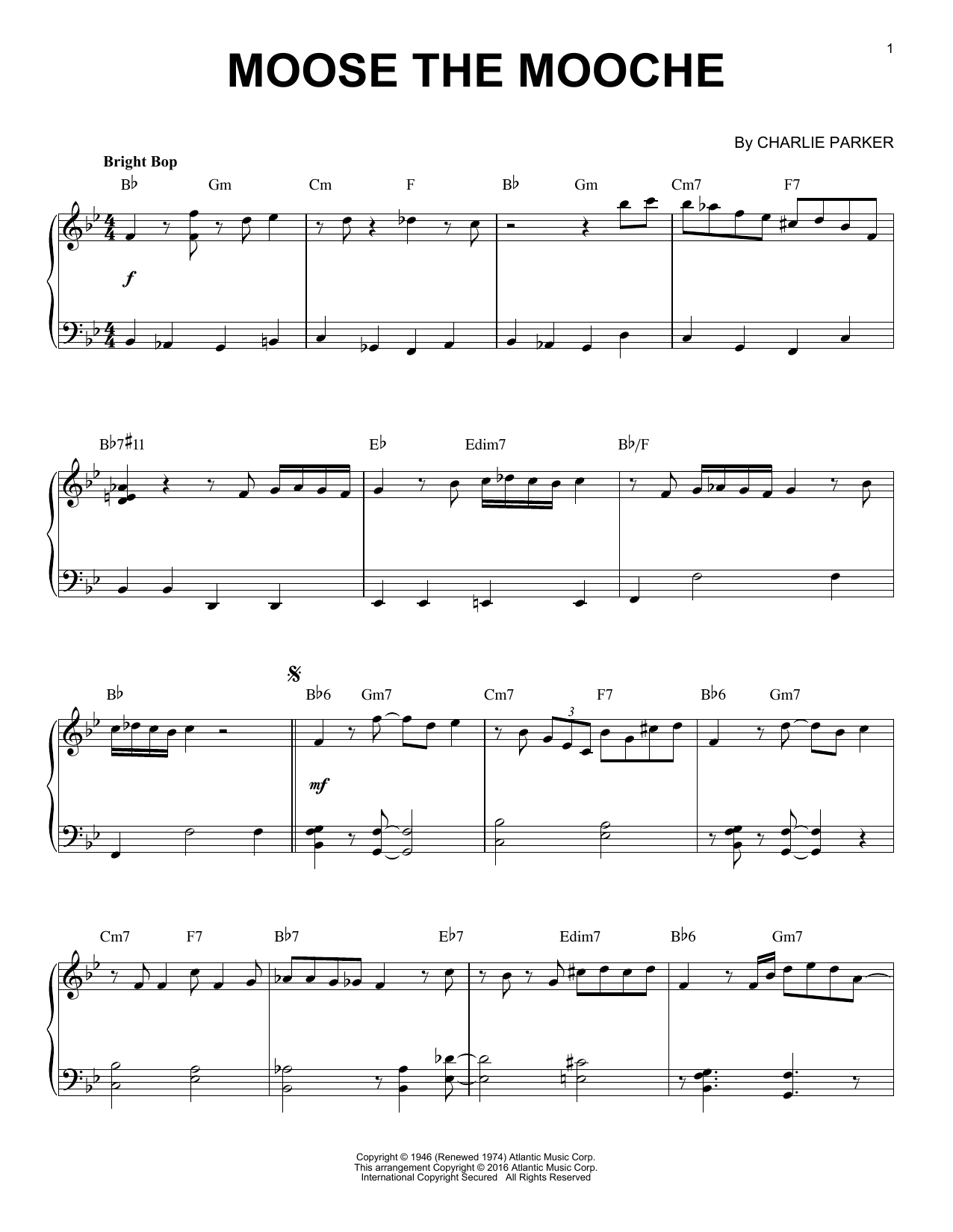 Charlie Parker Moose The Mooche (arr. Brent Edstrom) sheet music notes and chords arranged for Piano Solo
