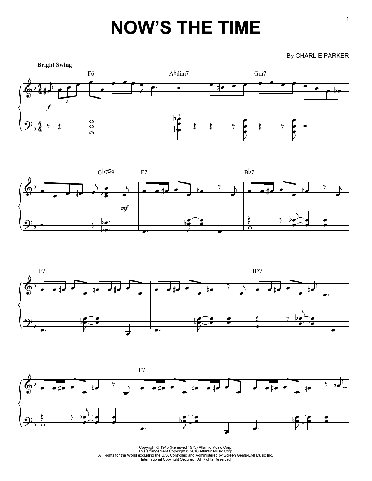 Charlie Parker Now's The Time (arr. Brent Edstrom) sheet music notes and chords arranged for Piano Solo