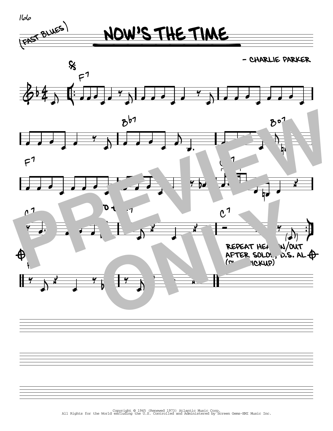 Charlie Parker Now's The Time sheet music notes and chords arranged for Real Book – Melody & Chords – C Instruments