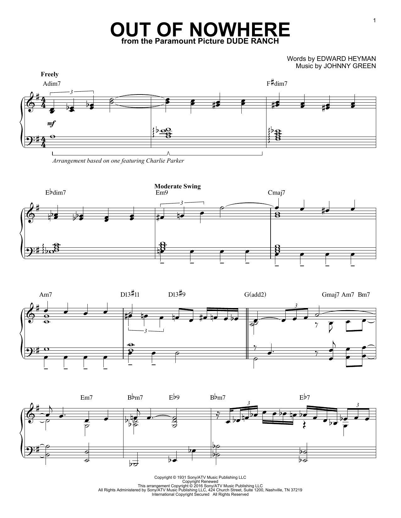 Charlie Parker Out Of Nowhere (arr. Brent Edstrom) sheet music notes and chords arranged for Piano Solo