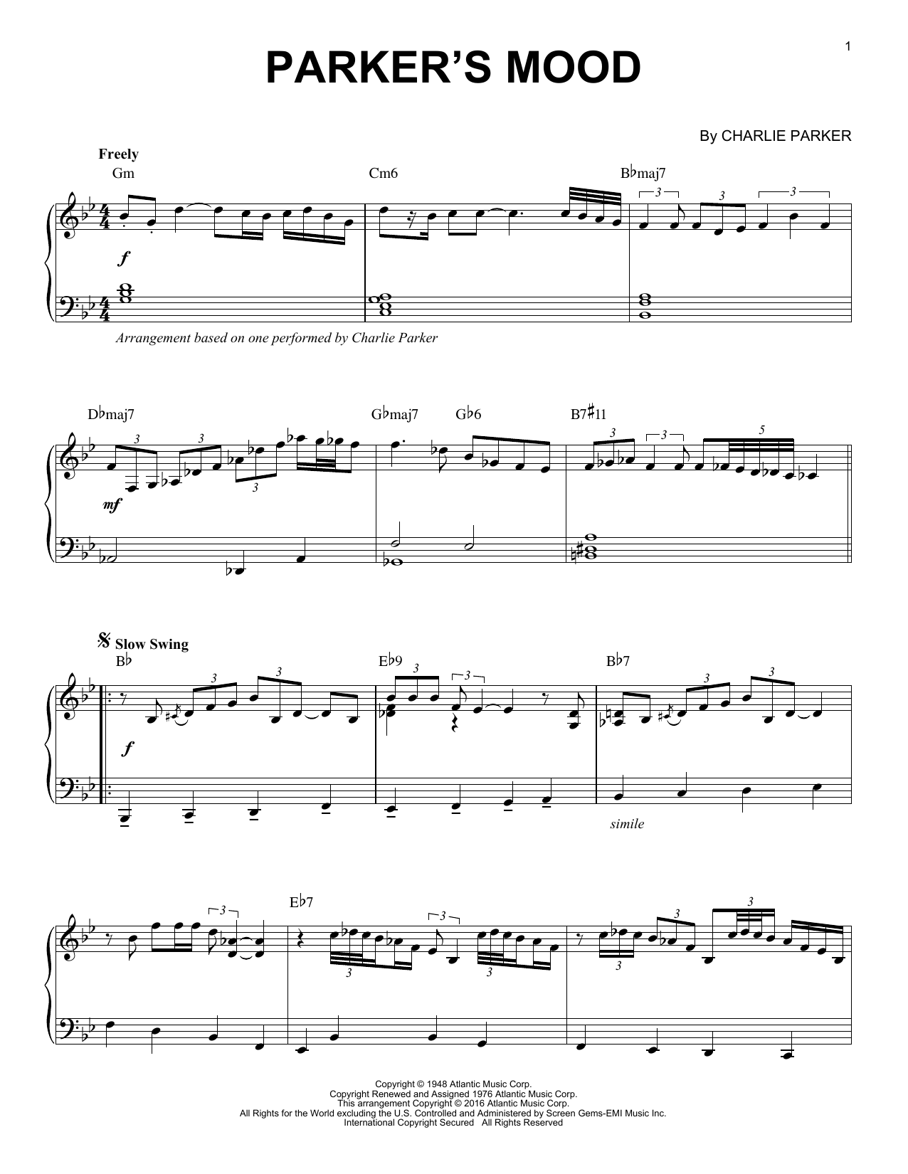 Charlie Parker Parker's Mood (arr. Brent Edstrom) sheet music notes and chords arranged for Piano Solo