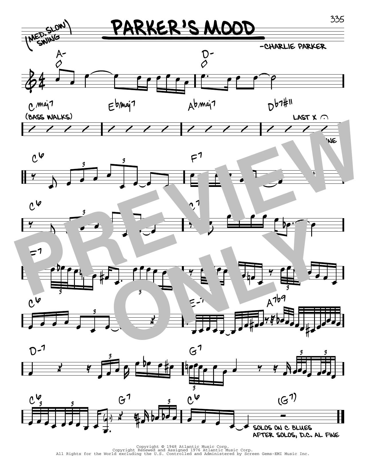 Charlie Parker Parker's Mood sheet music notes and chords arranged for Real Book – Melody & Chords