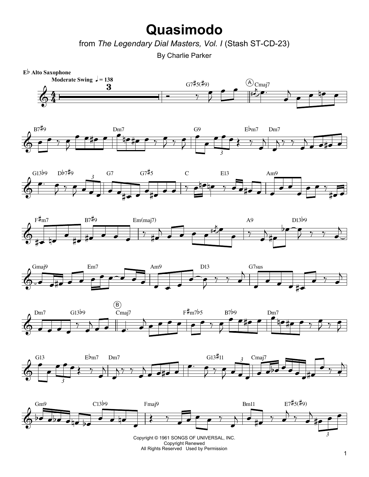 Charlie Parker Quasimodo sheet music notes and chords arranged for Alto Sax Transcription