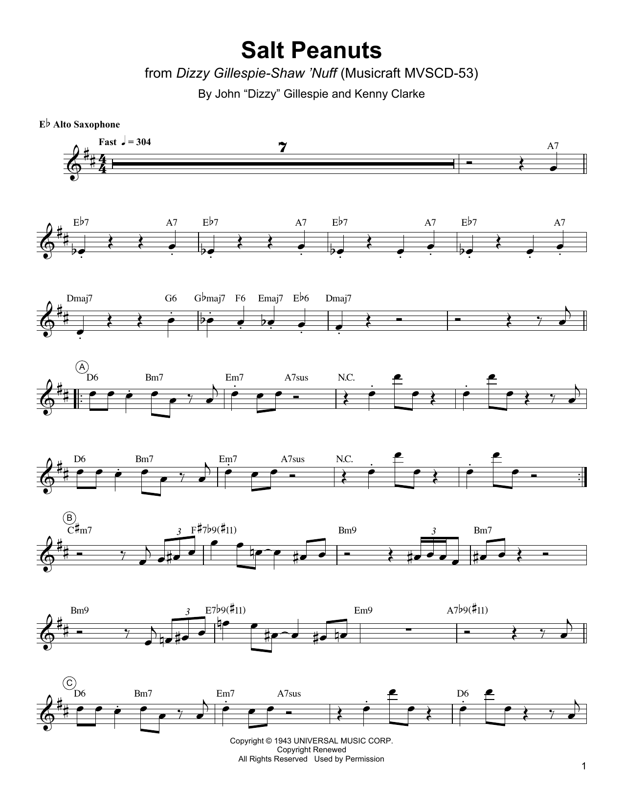 Charlie Parker Salt Peanuts sheet music notes and chords arranged for Alto Sax Transcription