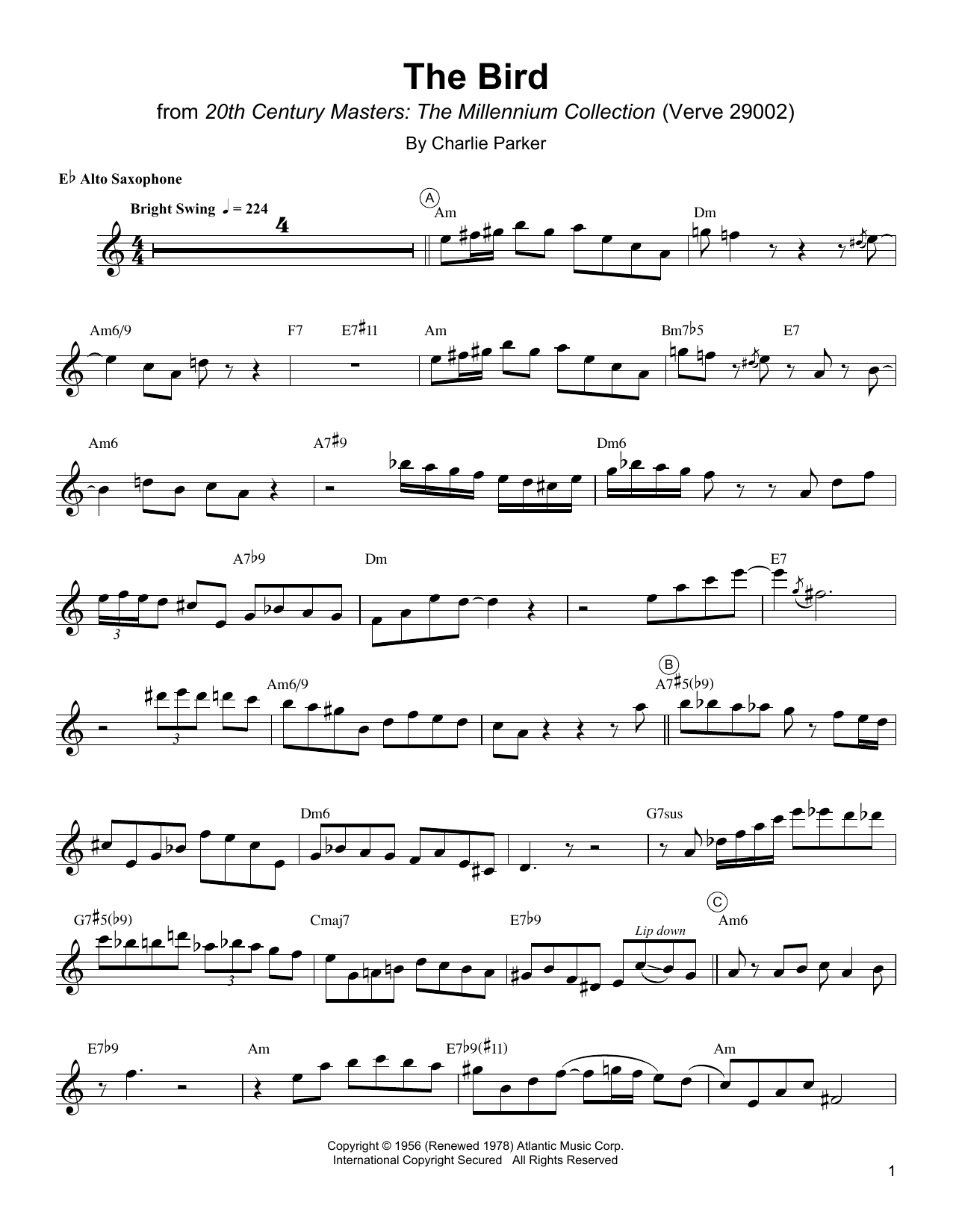Charlie Parker The Bird sheet music notes and chords arranged for Alto Sax Transcription