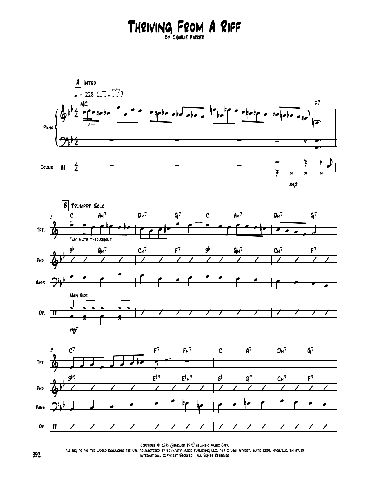 Charlie Parker Thriving From A Riff sheet music notes and chords arranged for Transcribed Score