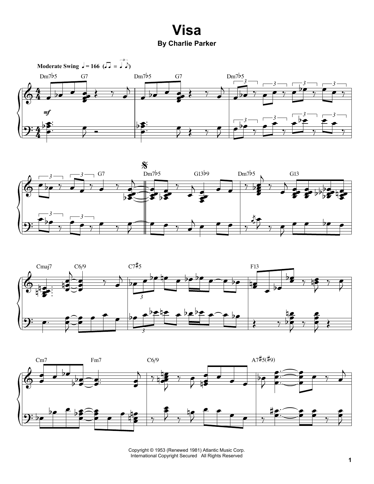 Charlie Parker Visa sheet music notes and chords arranged for Transcribed Score