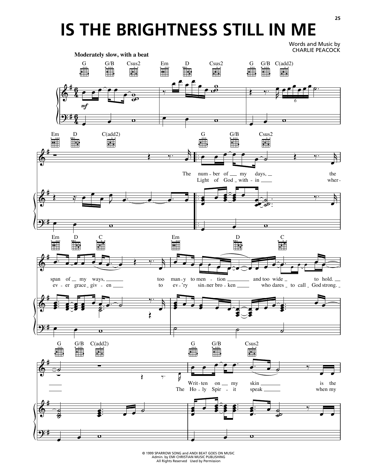 Charlie Peacock Is The Brightness Still In Me sheet music notes and chords arranged for Piano, Vocal & Guitar Chords (Right-Hand Melody)