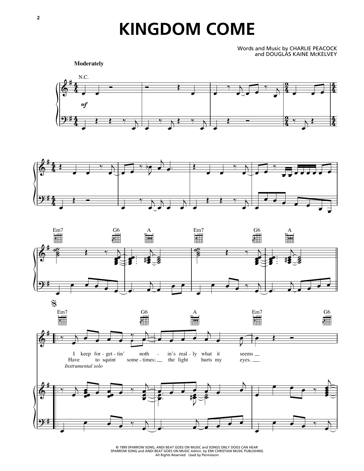 Charlie Peacock Kingdom Come sheet music notes and chords arranged for Piano, Vocal & Guitar Chords (Right-Hand Melody)