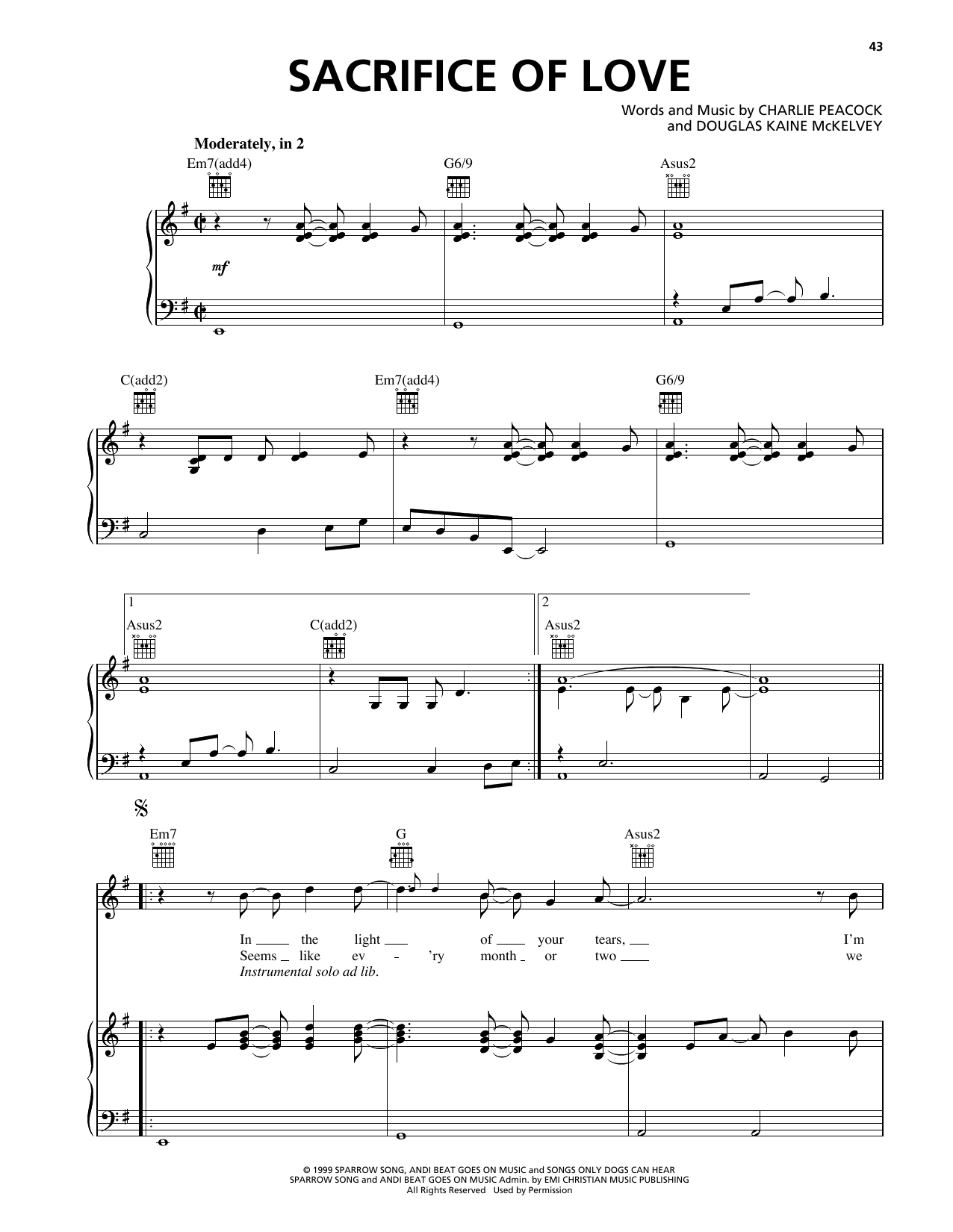 Charlie Peacock Sacrifice Of Love sheet music notes and chords arranged for Piano, Vocal & Guitar Chords (Right-Hand Melody)