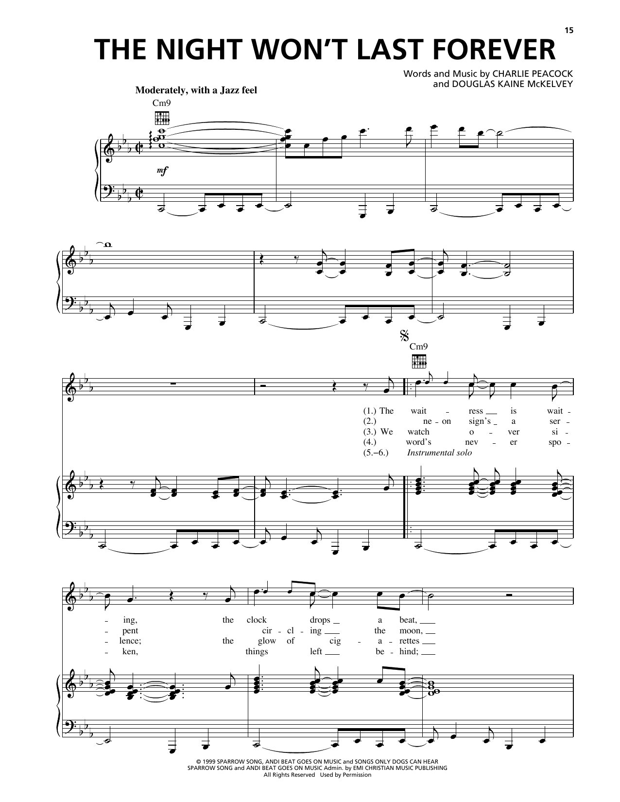 Charlie Peacock The Night Won't Last Forever sheet music notes and chords arranged for Piano, Vocal & Guitar Chords (Right-Hand Melody)