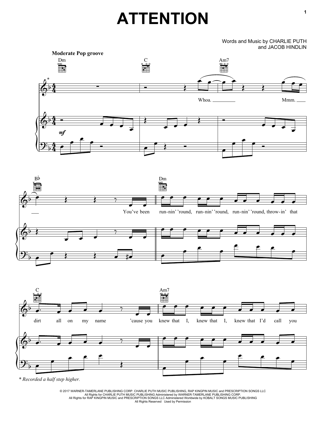 Charlie Puth Attention sheet music notes and chords arranged for Very Easy Piano