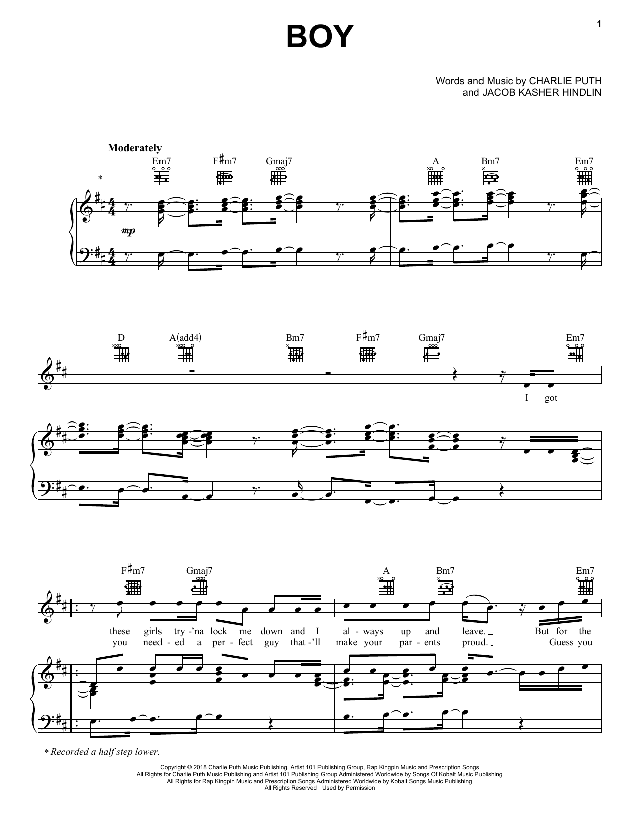 Charlie Puth Boy sheet music notes and chords arranged for Piano, Vocal & Guitar Chords (Right-Hand Melody)