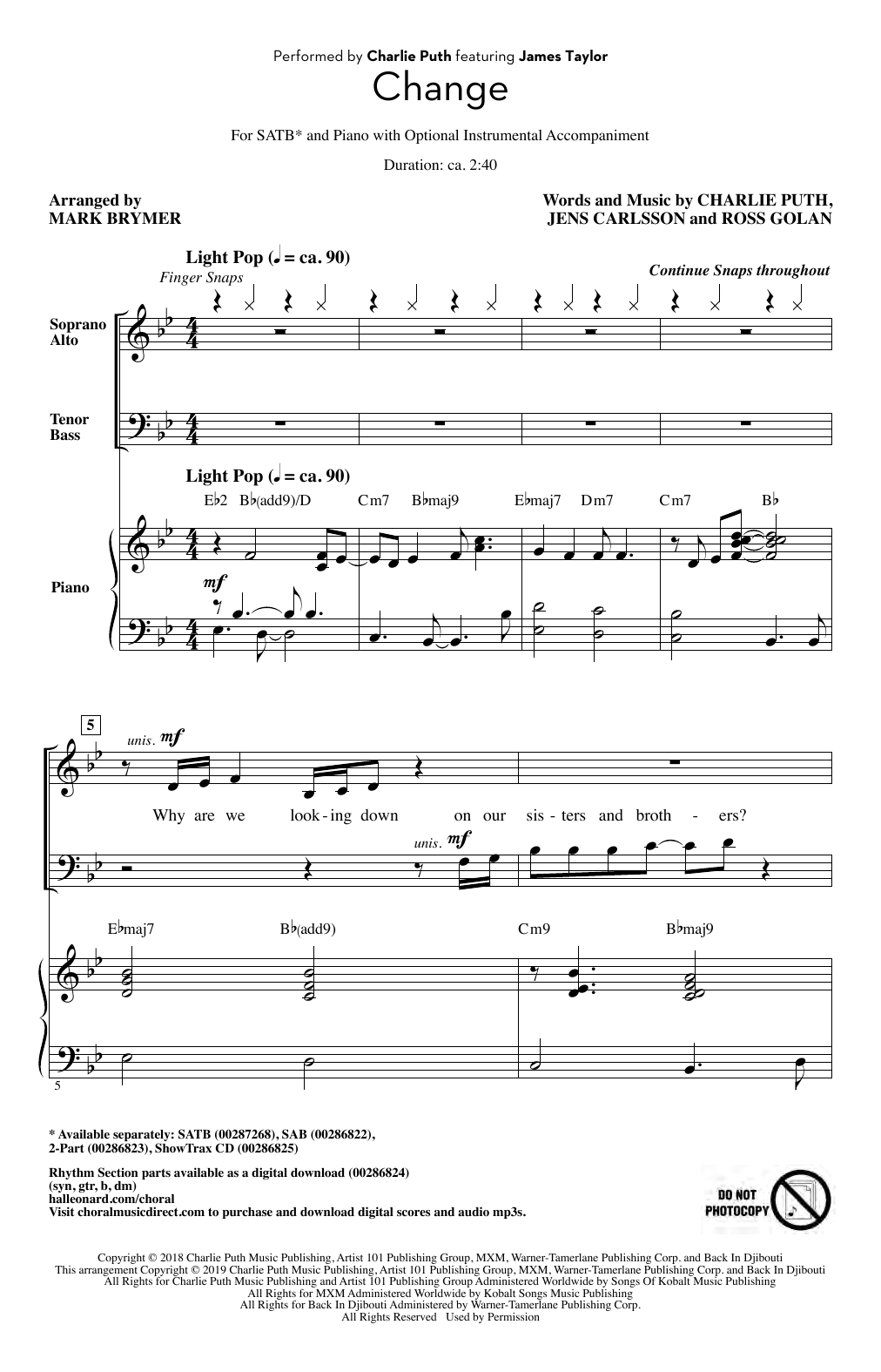 Charlie Puth Change (feat. James Taylor) (arr. Mark Brymer) sheet music notes and chords arranged for SATB Choir