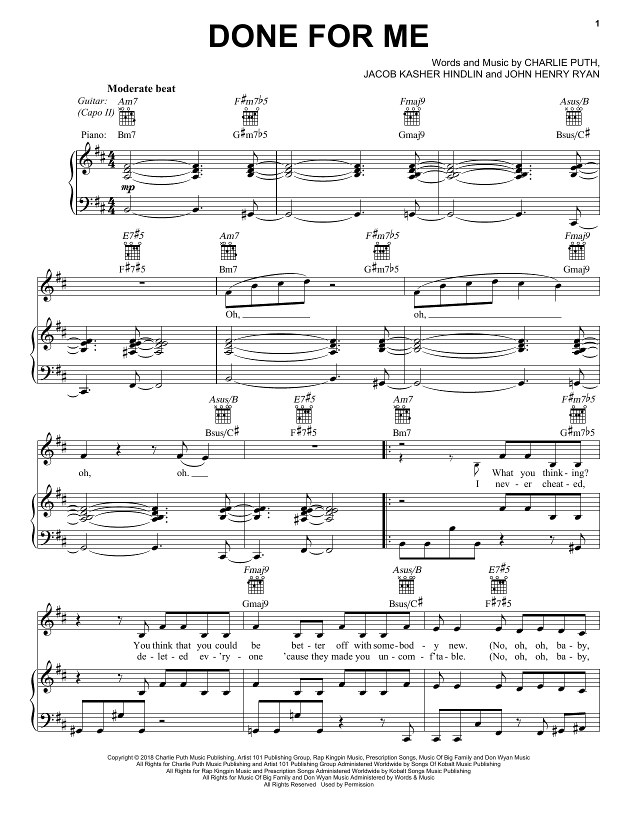 Charlie Puth Done For Me (feat. Kehlani) sheet music notes and chords arranged for Piano, Vocal & Guitar Chords (Right-Hand Melody)