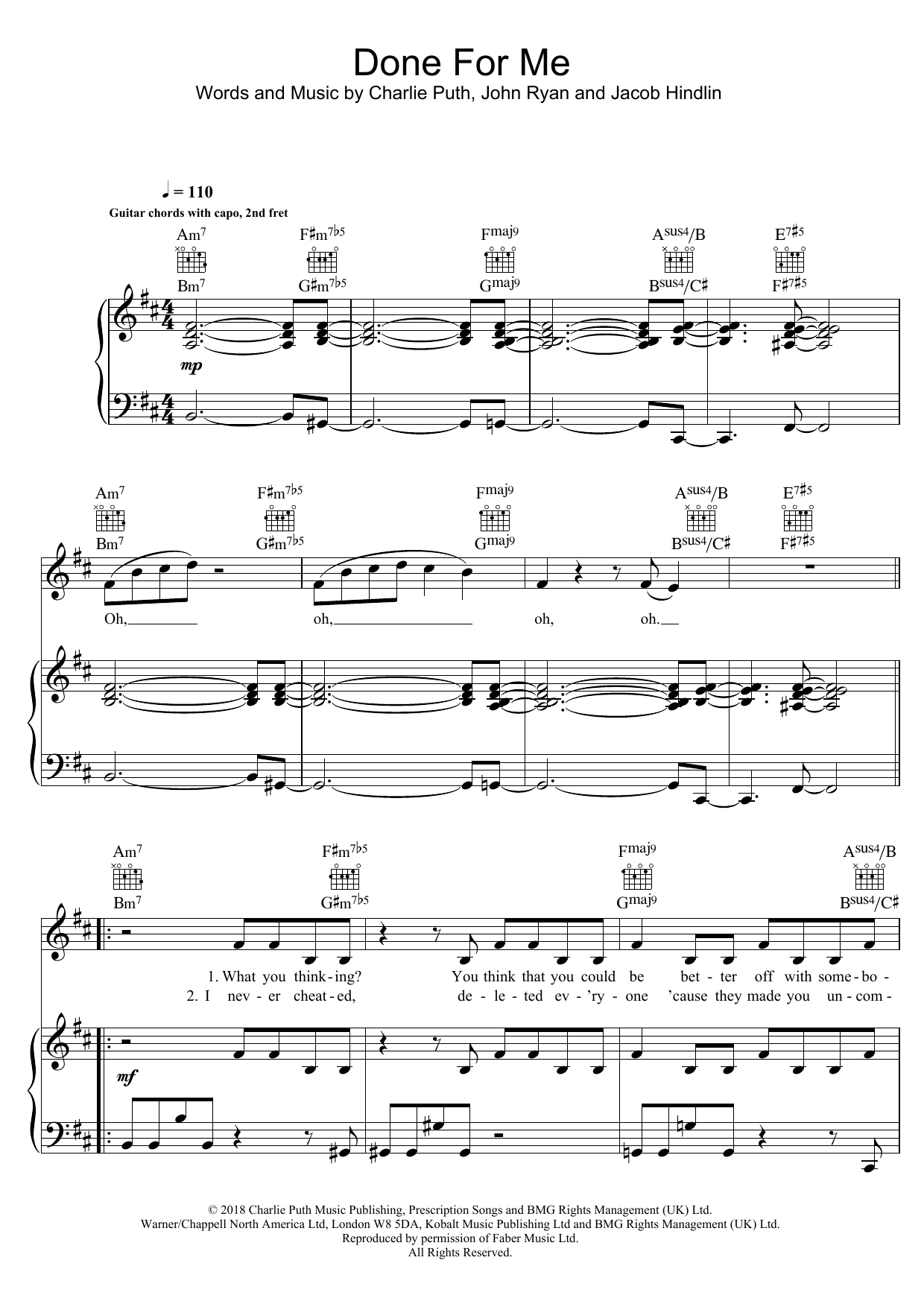 Charlie Puth Done For Me (featuring Kehlani) sheet music notes and chords arranged for Piano, Vocal & Guitar Chords