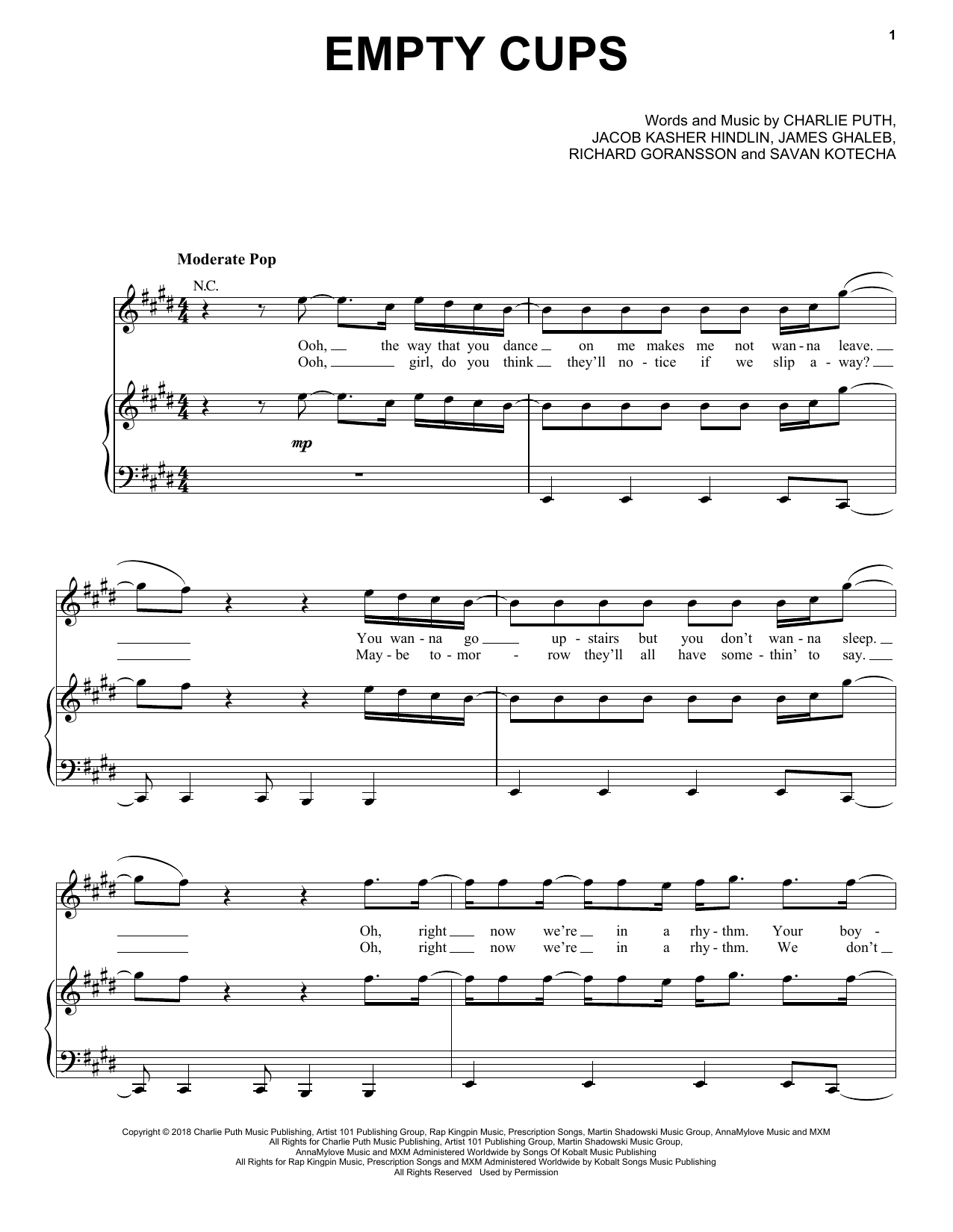 Charlie Puth Empty Cups sheet music notes and chords arranged for Piano, Vocal & Guitar Chords (Right-Hand Melody)