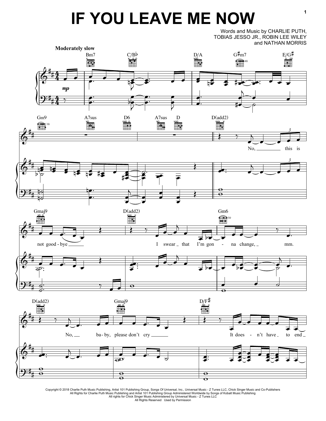 Charlie Puth feat. Boyz II Men If You Leave Me Now sheet music notes and chords arranged for Piano, Vocal & Guitar Chords (Right-Hand Melody)