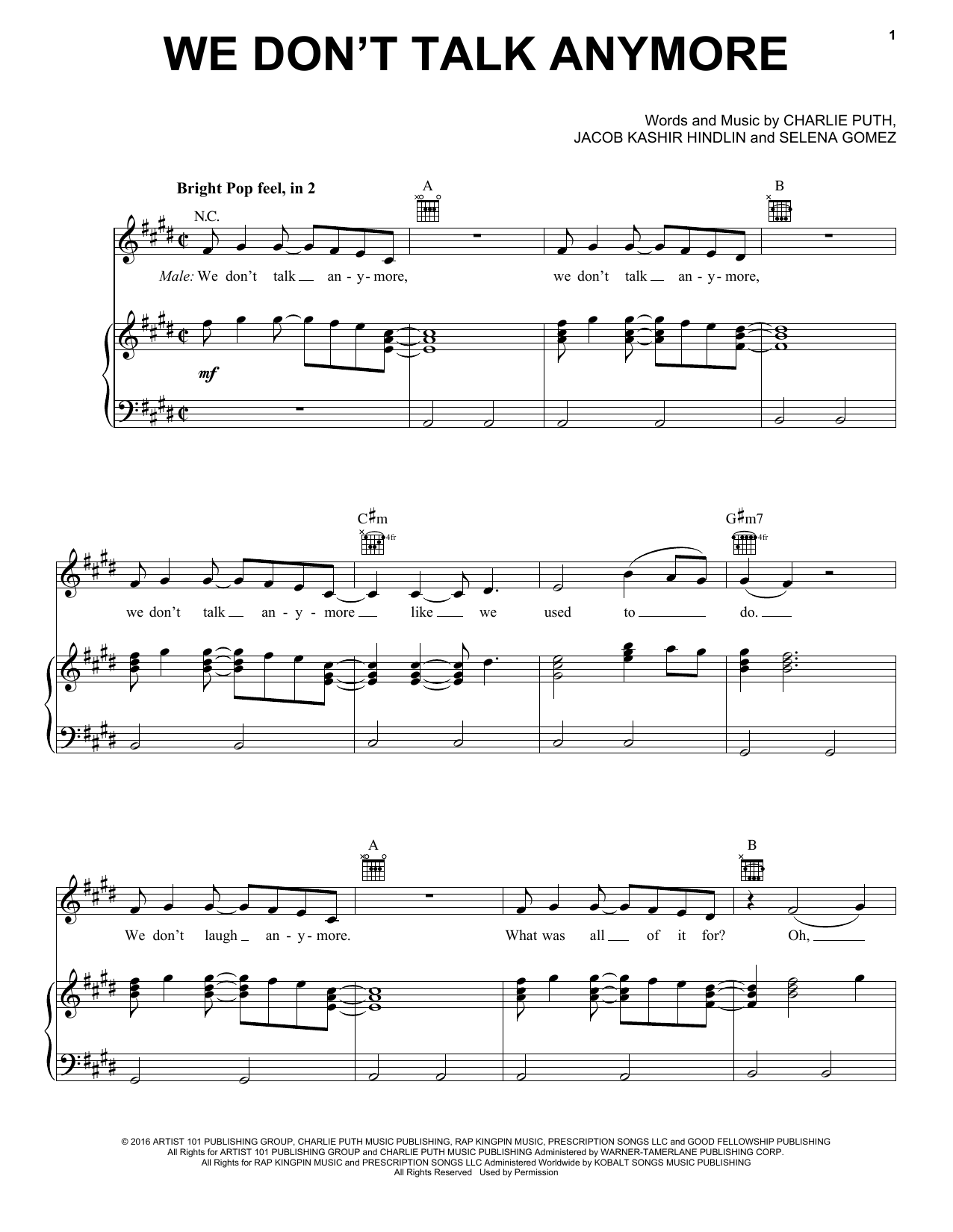 Charlie Puth feat. Selena Gomez We Don't Talk Anymore sheet music notes and chords arranged for Piano, Vocal & Guitar Chords (Right-Hand Melody)